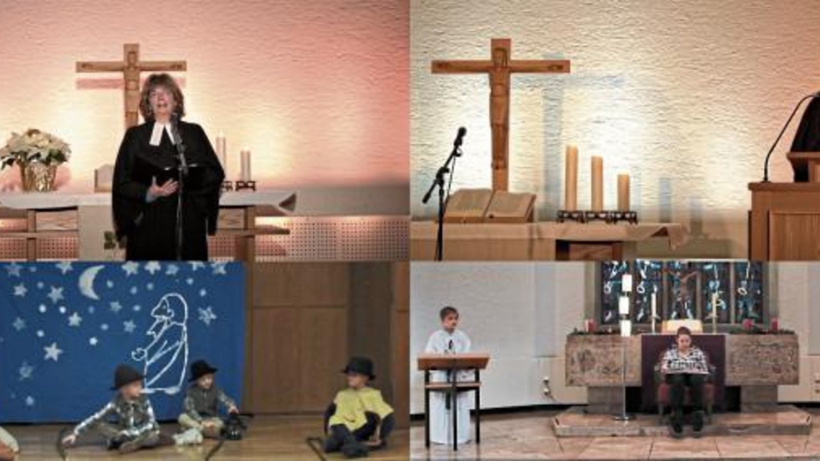 Pfarrerin Gabriele Sauer (oben links) und Vikarin Christine Koning (oben rechts) feiern die Gottesdienste an Heilig Abend, nachmittags unterstützt durch ein vorab aufgezeichnetes Krippenspiel der Kinderkirche der Pauluskirchengemeinde. Foto: Friedrich Pfarrerin Gabriele Sauer (oben links) und Vikarin Christine Koning (oben rechts) feiern die Gottesdienste an Heilig Abend, nachmittags unterstützt durch ein vorab aufgezeichnetes Krippenspiel der Kinderkirche der Pauluskirchengemeinde. Foto: Friedrich