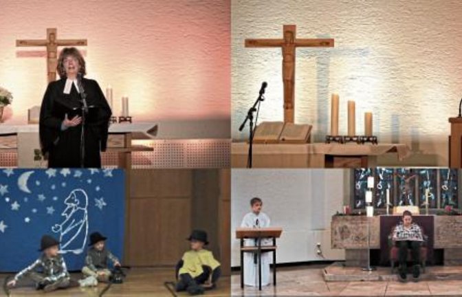 Pfarrerin Gabriele Sauer (oben links) und Vikarin Christine Koning (oben rechts) feiern die Gottesdienste an Heilig Abend, nachmittags unterstützt durch ein vorab aufgezeichnetes Krippenspiel der Kinderkirche der Pauluskirchengemeinde. Foto: Friedrich