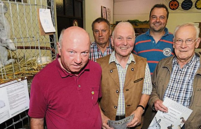 Martin Jarosch, Heinz Speidel, Heinz Scheible (vorne von links) sowie Norbert Mannhardt wurden von Marco Mannhardt (hinten von rechts) bei der Jungtierschau geehrt. Foto: Fotomoment