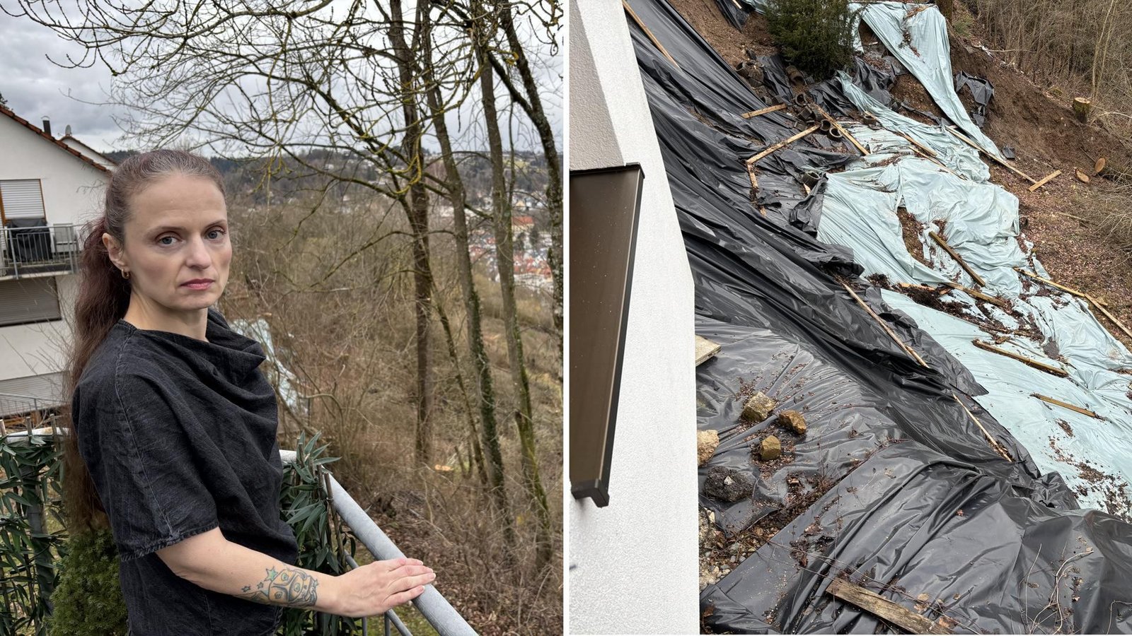 Eleanor von Winter auf ihrem Balkon mit Sicht auf den Hangrutsch, dem die Eigentümer des Nebenhauses mit einer Plane entgegenwirken, um das Wasser abzuleiten.Foto: StZN/Dürr