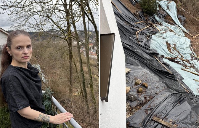 Eleanor von Winter auf ihrem Balkon mit Sicht auf den Hangrutsch, dem die Eigentümer des Nebenhauses mit einer Plane entgegenwirken, um das Wasser abzuleiten.<span class='image-autor'>Foto: StZN/Dürr</span>