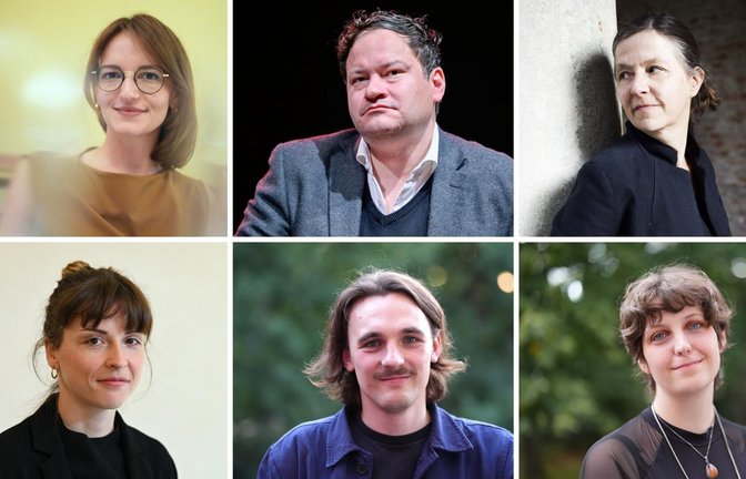 Vier Frauen, zwei Männer: Jehona Kicaj, Thomas Melle, Christine Wunnicke, Jehona Kicaj, Kaleb Erdmann und Dorothee Elmiger (von links oben im Uhrzeigersinn)<span class='image-autor'>Foto: Marcus Brandt/dpa</span>