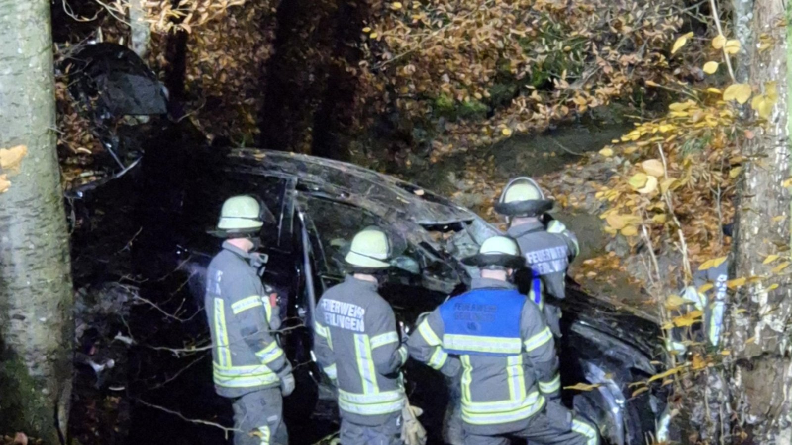 Feuerwehreinsatz am 3. November 2025 bei Gerlingen. Ein Auto ist 20 Meter die Böschung hinabgestürzt. Foto: Feuerwehr Gerlingen