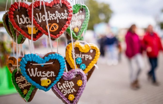 "Volksfest" und "Wasen" steht während des 177. Cannstatter Volksfests auf Lebkuchenherzen.<span class='image-autor'>Christoph Schmidt/dpa</span>