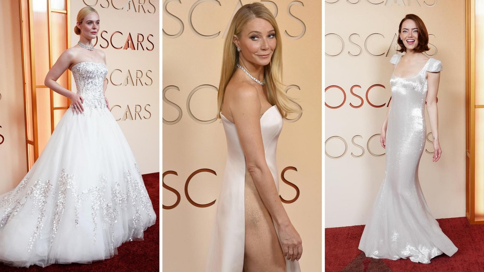 Dreimal weiß auf dem Oscar-Teppich: Elle Fanning, Gwyneth Paltrow und Emma Stone (von links).Foto: Richard Shotwell/Invision/AP/dpa/IMAGO / UPI Photo Dreimal weiß auf dem Oscar-Teppich: Elle Fanning, Gwyneth Paltrow und Emma Stone (von links).Foto: Richard Shotwell/Invision/AP/dpa/IMAGO / UPI Photo