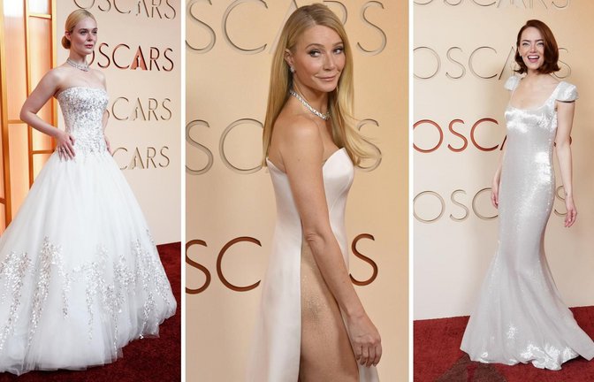 Dreimal weiß auf dem Oscar-Teppich: Elle Fanning, Gwyneth Paltrow und Emma Stone (von links).<span class='image-autor'>Foto: Richard Shotwell/Invision/AP/dpa/IMAGO / UPI Photo</span>
