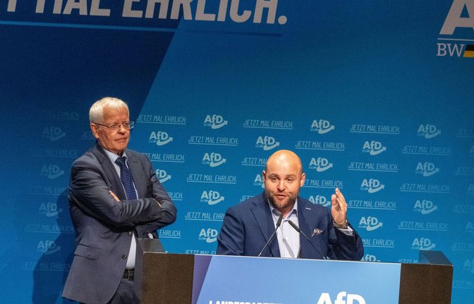 Die AfD-Politiker Markus Frohnmaier (rechts) und Emil Sänze.<span class='image-autor'>Foto: Stefan Puchner/dpa/Stefan Puchner</span>
