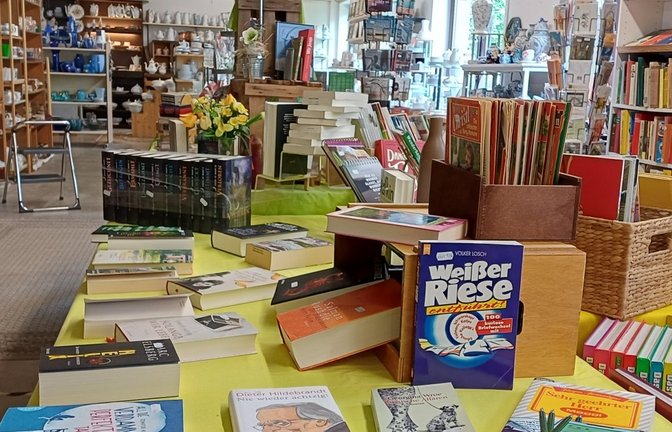 Zahllose Bücher und Schallplatten sind im Angebot.