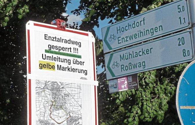 Der Enztalradweg ist im Bereich zwischen Vaihingen und Enzweihingen (Hammelberg) wegen umgestürzter Bäume gesperrt. Die Hinweise der Stadt sind nicht unnötig – auch wenn die Tour durch die Stadt ein Gegurke ist.  Foto: Arning