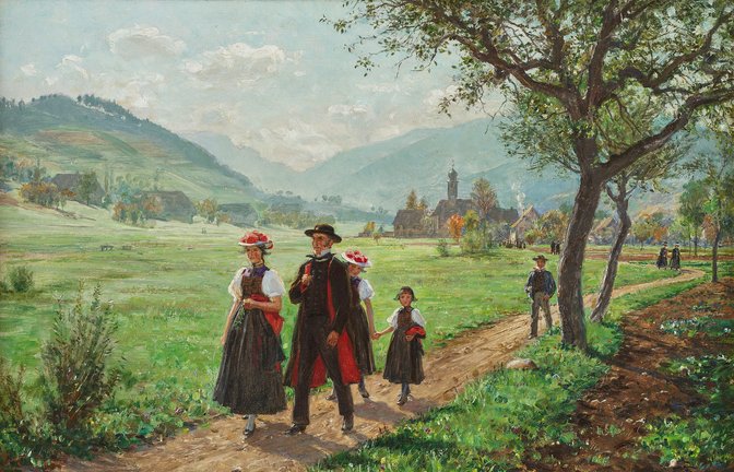 Berge, Bauern, Bollenhut: der Künstler Wilhelm Hasemann hat mit seiner Kunst – hier ein Sonntagsspaziergang – das Bild vom Schwarzwald geprägt.<span class='image-autor'>Foto: Leihgabe aus Privat/Axel Killian</span>
