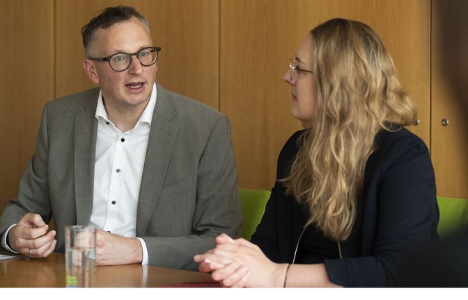 Landtagsfraktionschef Andreas Schwarz (Grüne) und  Bundestagsfraktionschefin Katharina Dröge (Grüne) im Interview<span class='image-autor'>Foto: Lichtgut/Leif Piechowski</span>