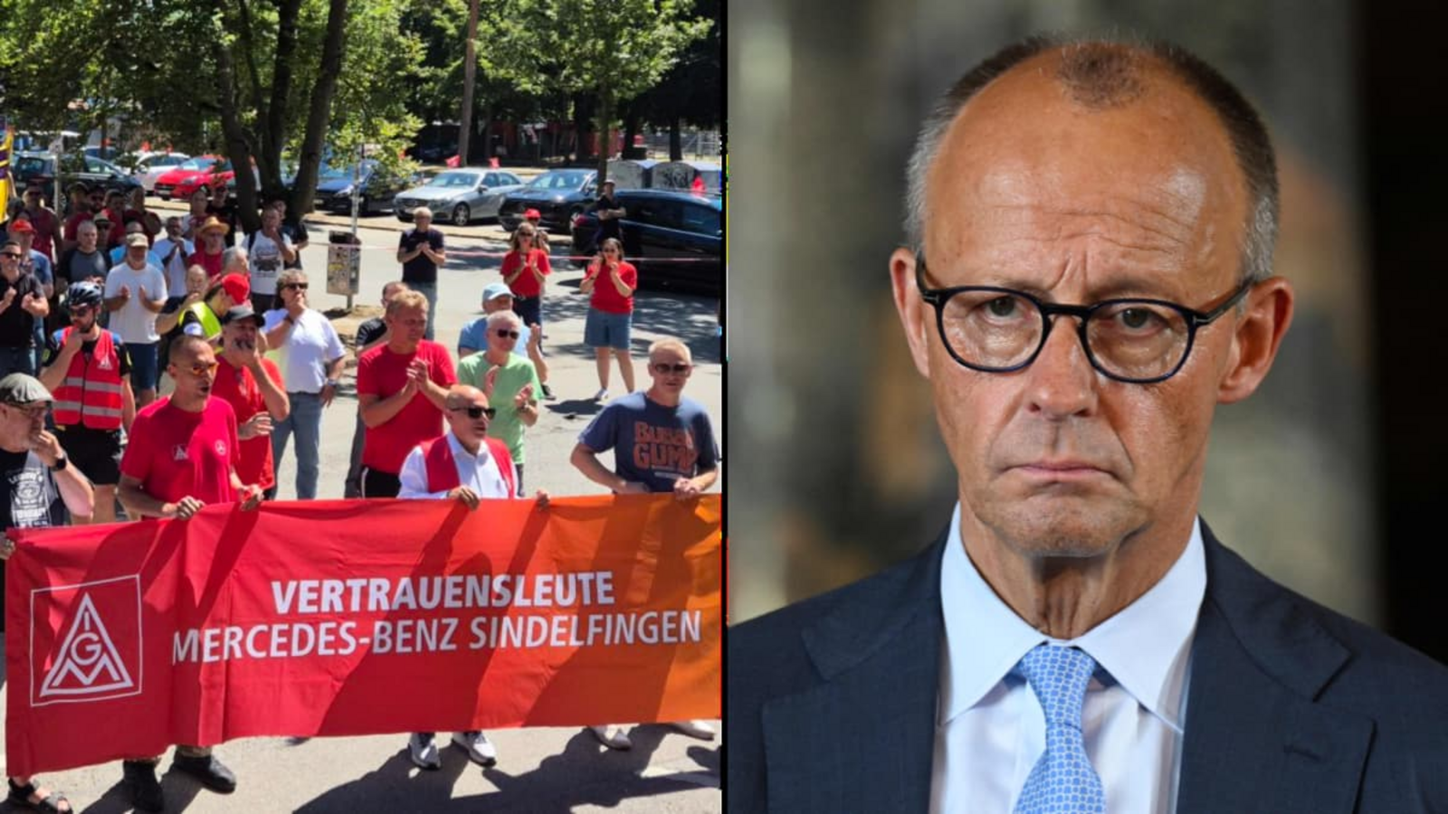 Die Mercedes-Vertrauenskörperleitungen kritisieren Kanzler Friedrich Merz. Das Bild zeigt Demonstranten bei einer Kundgebung im Juli am Stuttgarter Fernsehturm, die sich unter anderem gegen die Reformpläne der Regierung richtete.Rouven Spindler, Ina Fassbender/AFP