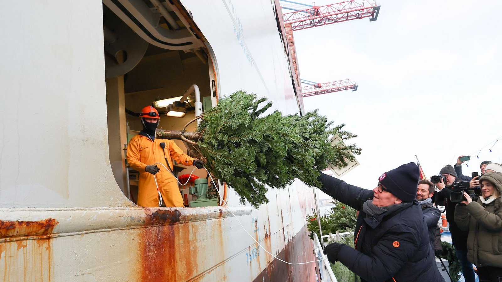 Eine Sponsorin wirft einen Weihnachtsbaum zu zwei Seeleuten in die Luke eines Containerschiffes im Hamburger Hafen.Foto: Christian Charisius/dpa