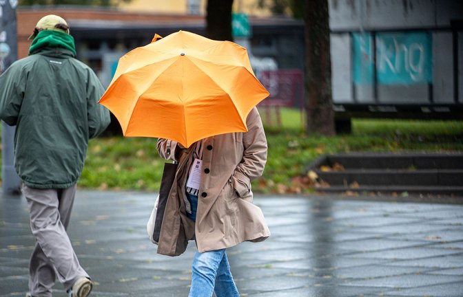 Frau mit Regenschirm in Südwestdeutschland.<span class='image-autor'>Foto: Pinter Laszlo/dpa</span>