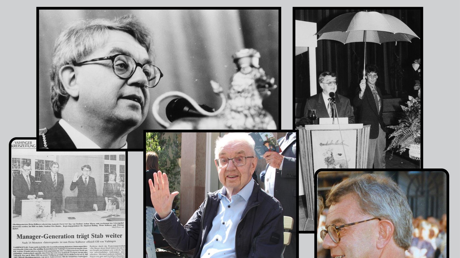 Vaihingens langjähriger Oberbürgermeister Heinz Kälberer ist gestorben. Im Uhrzeigersinn, oben rechts beginnend: als Schirmherr bei der Weinmesse 1992, beim Maientag 1995 mit Amtskette und Blume im Revers, winkend beim Maientag 2024, Zeitungsartikel zur Amtseinsetzung und seine Rede beim Neujahrsempfang 1991. Archivfotos: VKZ/Stadtarchiv Vaihingen Vaihingens langjähriger Oberbürgermeister Heinz Kälberer ist gestorben. Im Uhrzeigersinn, oben rechts beginnend: als Schirmherr bei der Weinmesse 1992, beim Maientag 1995 mit Amtskette und Blume im Revers, winkend beim Maientag 2024, Zeitungsartikel zur Amtseinsetzung und seine Rede beim Neujahrsempfang 1991. Archivfotos: VKZ/Stadtarchiv Vaihingen