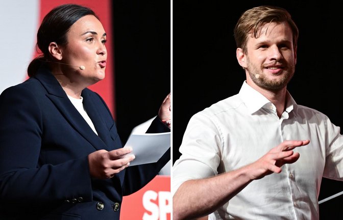 Das junge Duo aus Isabel Cademartori (l)  und Robin Mesarosch (r) war schon vor dem Beginn eines Landesparteitags der SPD Baden-Württemberg gut gelaunt.<span class='image-autor'>Foto: Bernd Weißbrod/dpa</span>