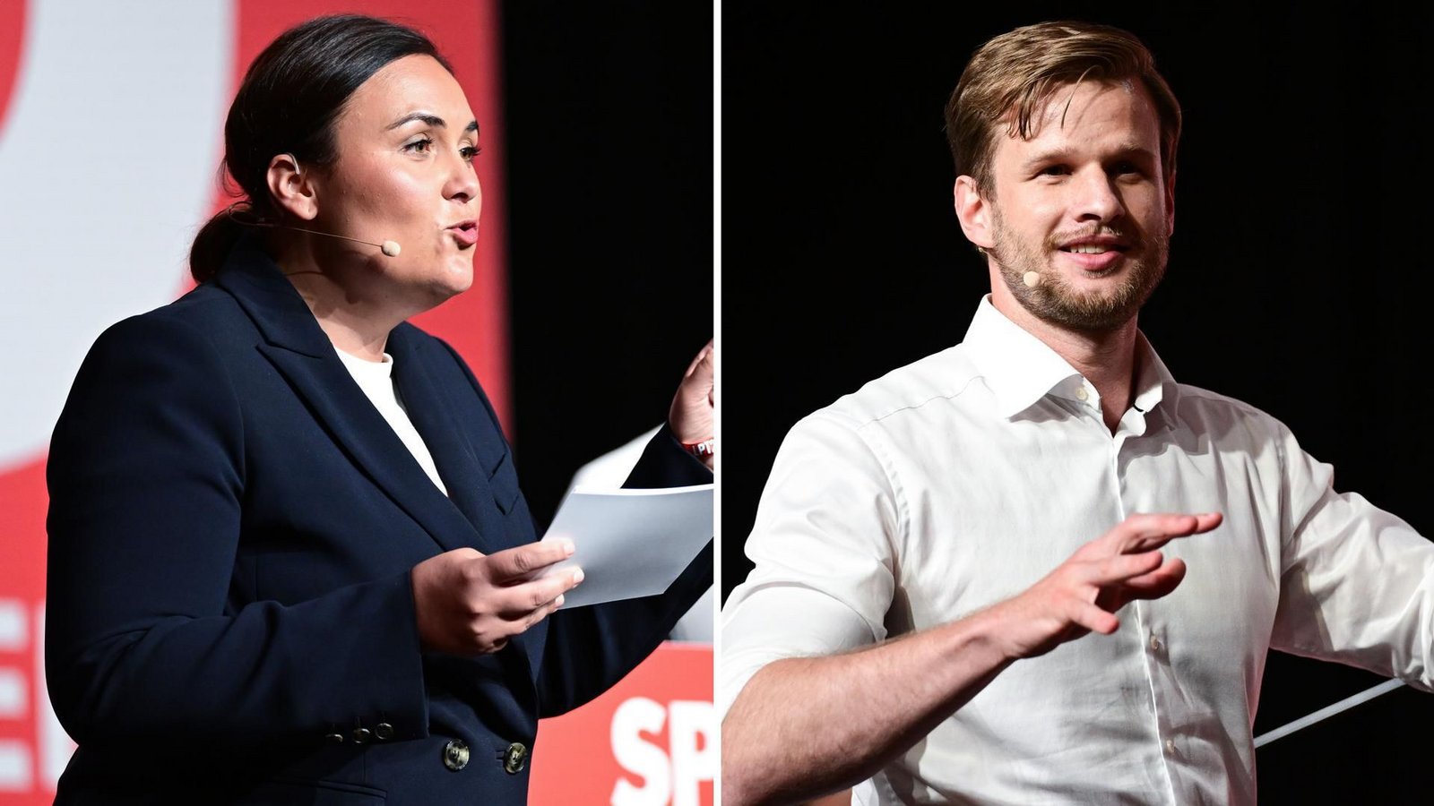 Das junge Duo aus Isabel Cademartori (l)  und Robin Mesarosch (r) war schon vor dem Beginn eines Landesparteitags der SPD Baden-Württemberg gut gelaunt.Foto: Bernd Weißbrod/dpa