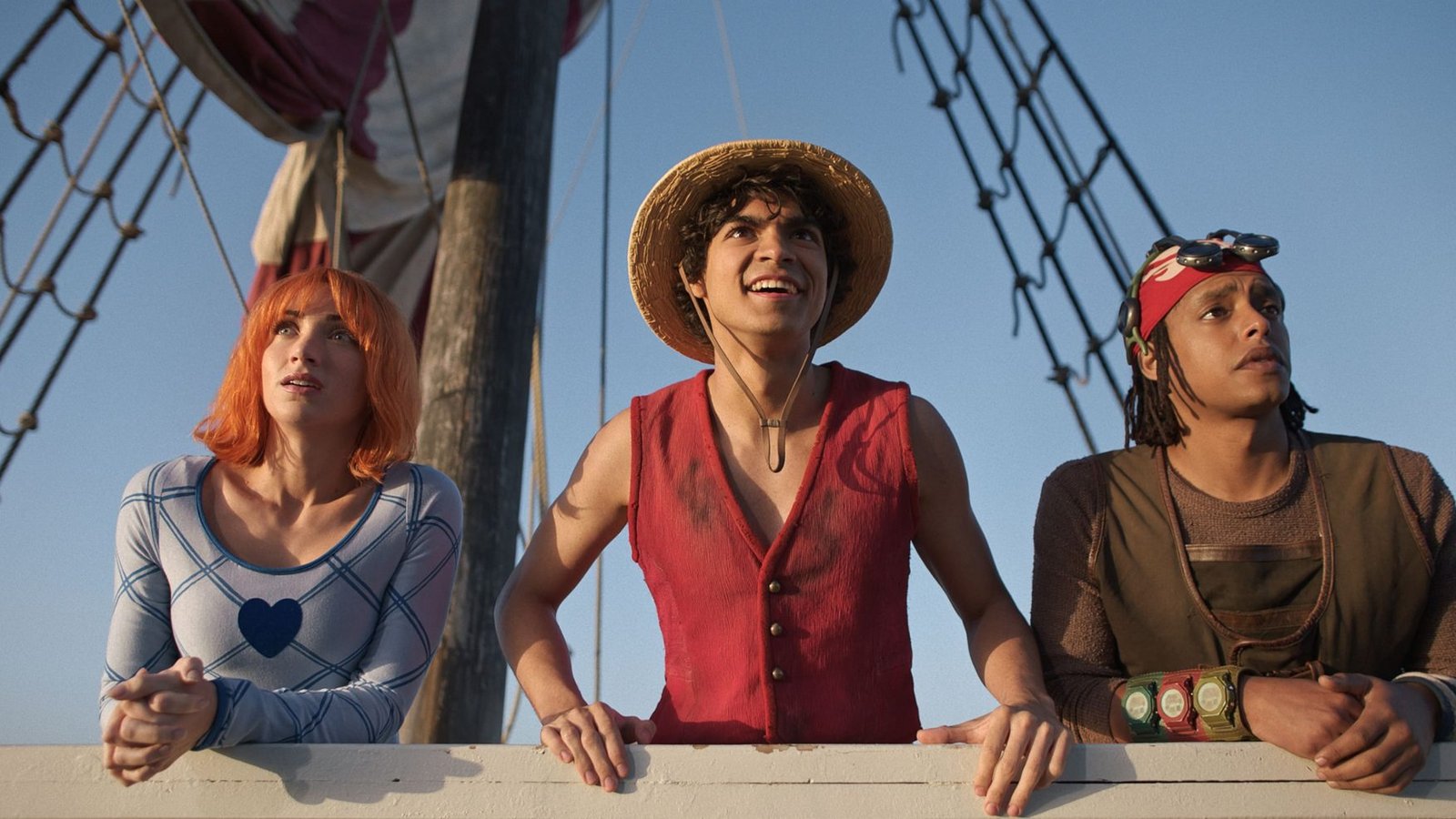Emily Rudd als Nami, Iñaki Godoy als Monkey D. Ruffy, Jacob Romero als Lysop in Staffel 2 von "One Piece".Foto: Netflix © 2025