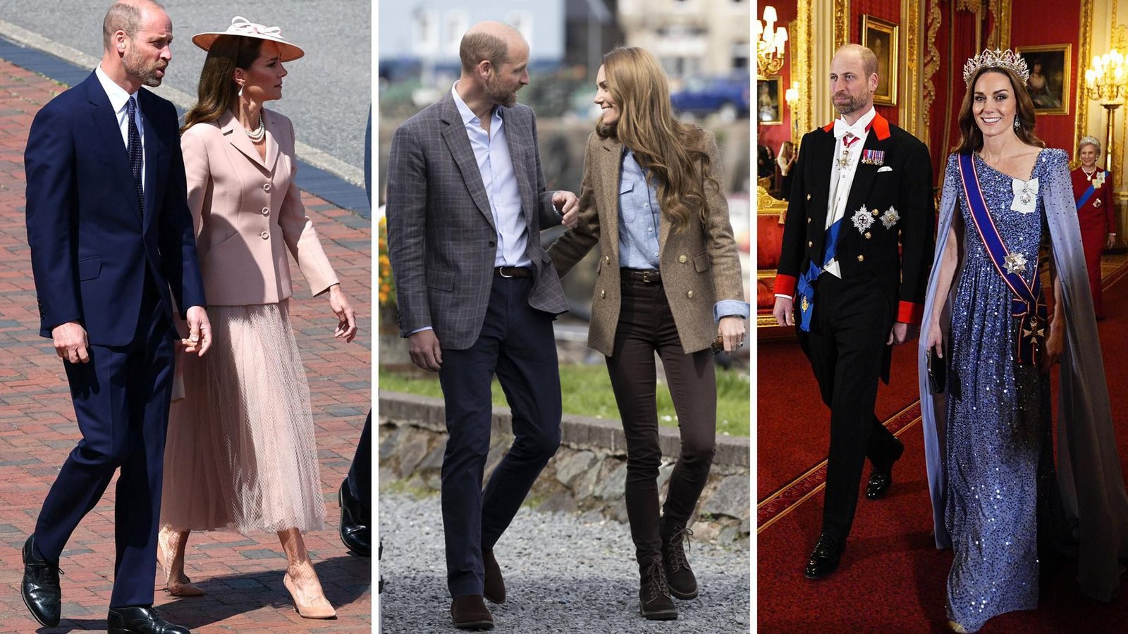 Dior für die Macrons. Country-Chic auf der Isle of Mull. Glamourauftritt auf Schloss Windsor: Drei Outfits von Prinzessin Kate aus dem Jahr 2025 (von links).Foto: AFP/imago/iimages/Aaron Chown/PA Wire/dpa