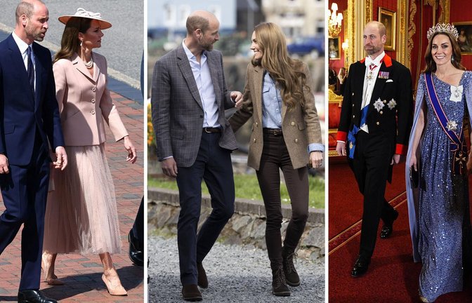 Dior für die Macrons. Country-Chic auf der Isle of Mull. Glamourauftritt auf Schloss Windsor: Drei Outfits von Prinzessin Kate aus dem Jahr 2025 (von links).<span class='image-autor'>Foto: AFP/imago/iimages/Aaron Chown/PA Wire/dpa</span>