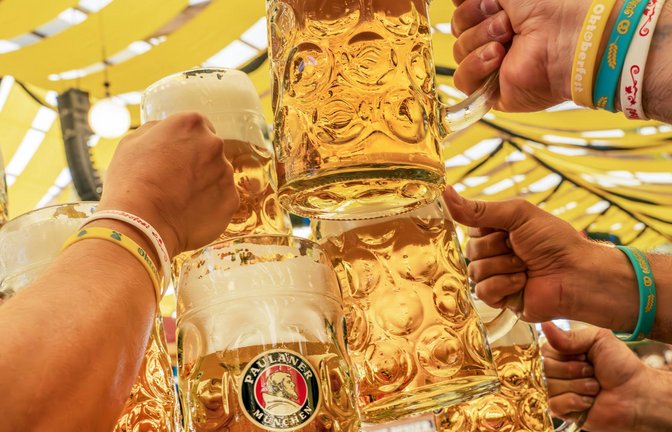 Durstige Besucher der Münchner Wiesn 2025 trinken die erste Mass Bier und  prosten sich  im Paulaner Festzelt zu.<span class='image-autor'>Foto: Imago/Wolfgang Maria Weber</span>