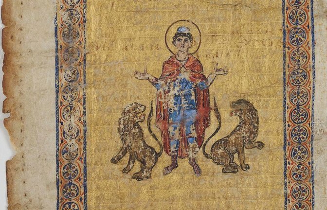 Unter dieser christlichen Illustration verbirgt sich eine byzantinische Abschrift eines Lehrtextes von Archimedes. Diese Seite des Archimedes-Palimpsests wurde erst jetzt wiedergefunden.<span class='image-autor'>Foto: © Blois, Musée des Beaux-Arts, Inv. 73.7.52. Photography IRHT-CNRS</span>