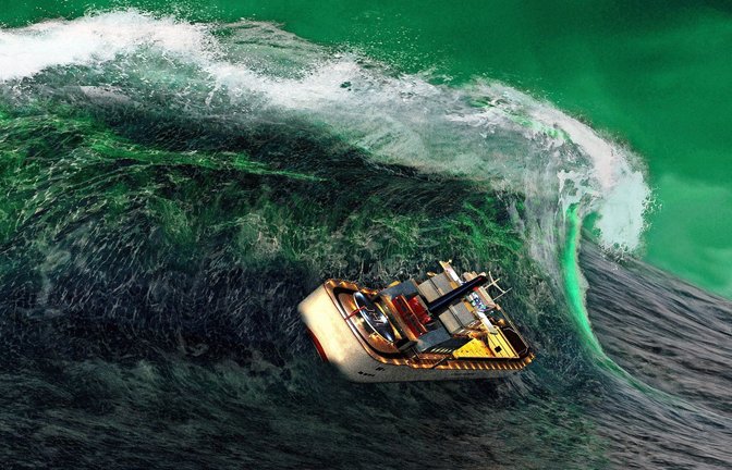 Albtraum auf See: Ein Frachtschiff wird in dieser Illustration von einer Monsterwelle erfasst.<span class='image-autor'>Foto: imago//cience Photo Library</span>