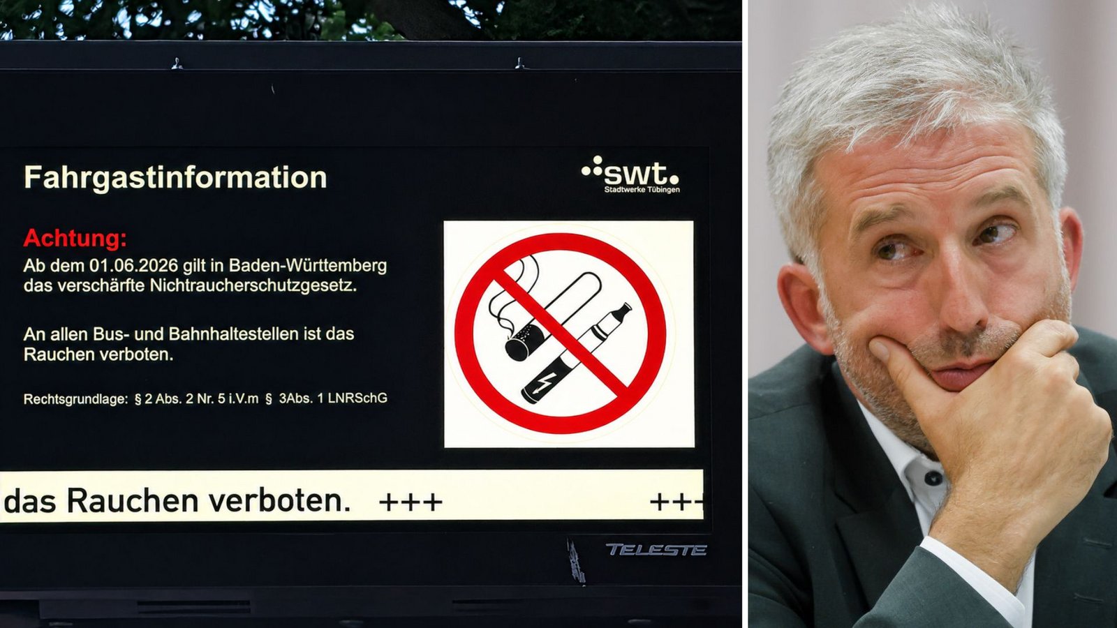 Tübingens OB Boris Palmer denkt nicht daran, seine Ordnungskräfte damit zu behelligen, Raucher an Haltestellen zu kontrollieren. Auf den Anzeigetafeln an Tübinger Haltestellen wird dennoch alle paar Sekunden auf das seit 1. Juni verschärfte Nichtraucherschutzgesetz hingewiesen.Foto: Hans-Jörg Schweizer / Christoph Schmidt (dpa)