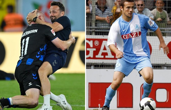 Ralf Kettemann jubelt direkt nach dem Abpfiff mit seinem Führungsspieler  Sven Michel, rechts im Dress der Stuttgarter Kickers.<span class='image-autor'>Foto: IMAGO/Ulrich Hufnagel</span>