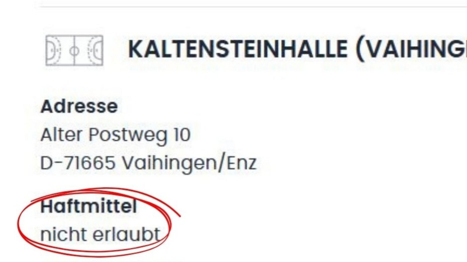 Bislang ist die Kaltensteinhalle im Online-Spielportal noch mit dem Vermerk eines Harzverbotes belegt. Screenshot: privat Bislang ist die Kaltensteinhalle im Online-Spielportal noch mit dem Vermerk eines Harzverbotes belegt. Screenshot: privat