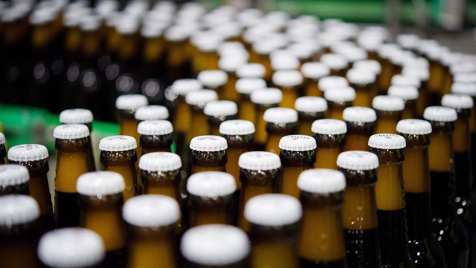 Bierflaschen mit Kronkorken laufen durch die Produktion einer Brauerei über die Förderbänder einer Befüllungsanlage.Foto: Rainer Jensen/dpa
