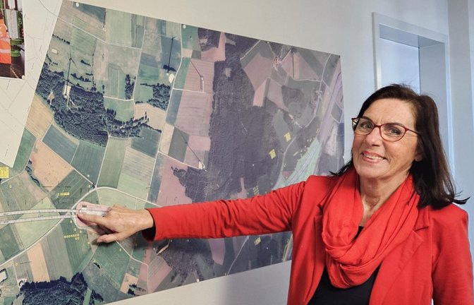 Ulrike Conle, Projektleiterin für den neuen Albaufstieg bei der Autobahn GmbH, zeigt die erste große Baumaßnahme des Vorhabens: ein Portal für den Tunnel Drackenstein. <span class='image-autor'>Fotos: Rieger</span>