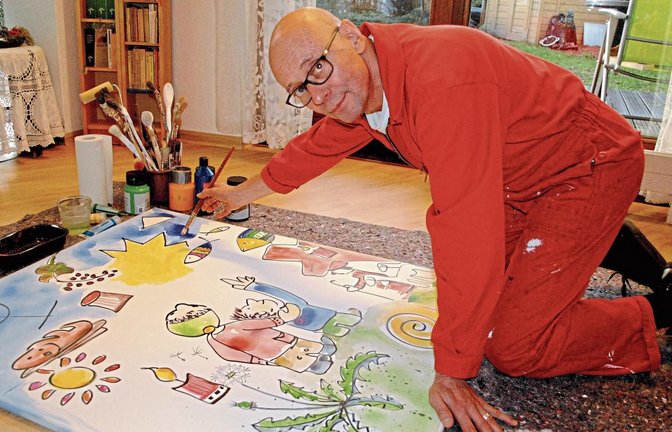 Der ehemalige Illinger Diakon Thomas Knodel bei der künstlerischen Arbeit an seinem Bild zur Jahreslosung 2019.  Foto: Stahlfeld