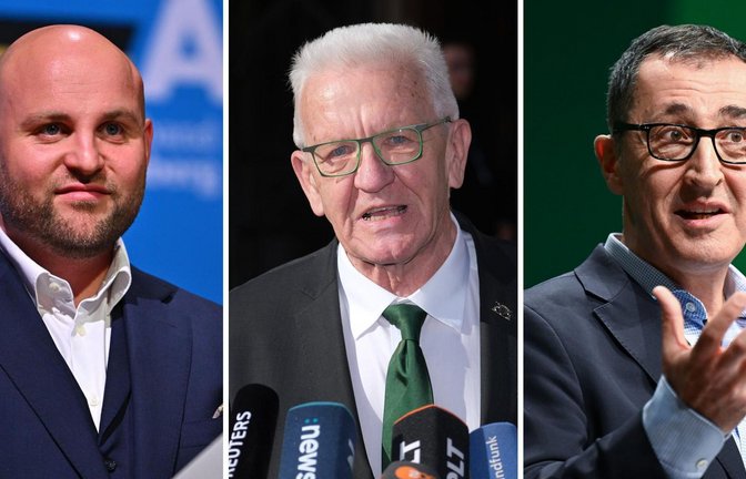 Der AfD-Landesvorsitzende Markus Frohnmaier (links) zieht mit einer angekündigten Russlandreise unter anderem den Unmut von Winfried Kretschmann (Mitte) und Cem Özdemir auf sich.<span class='image-autor'>Foto: Jan-Philipp Strobel/dpa, Bernd Weißbrod/dpa</span>