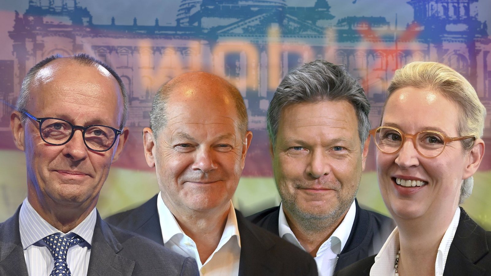 Friedrich Merz (CDU), Olaf Scholz (SPD), Robert Habeck (Grüne) und Alice Weídel (AfD) bewerben sich für das Kanzleramt.Foto: IMAGO/Sven Simon//Frank Hoermann
