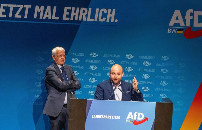 Emil Sänze (links) und Markus Frohnmaier (rechst) wurden als Führungsduo bestätigt.<span class='image-autor'>Foto: Stefan Puchner/dpa</span>