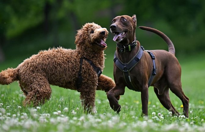 Zwei Hunde laufen auf der Hundewiese im Erfurter Nordpark frei herum. (Symbolbild)<span class='image-autor'>Martin Schutt/dpa</span>