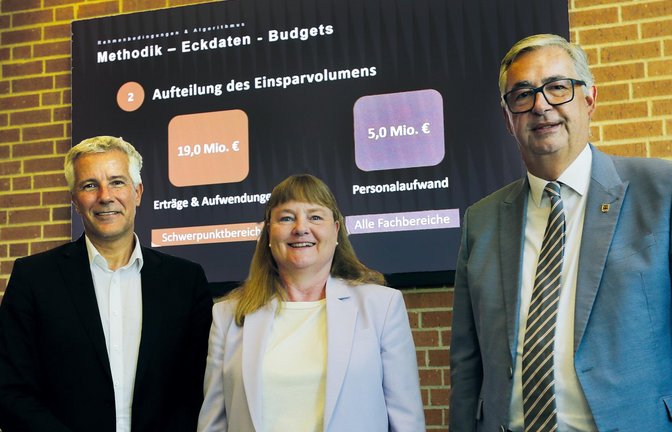 Landrat Dietmar Allgaier (von rechts), Finanzdezernentin Bettina Beck und der externe Projektleiter Jürgen Kientz stellen die Einsparungen für den Landkreis-Haushalt 2027 vor. <span class='image-autor'>Foto: Küppers</span>