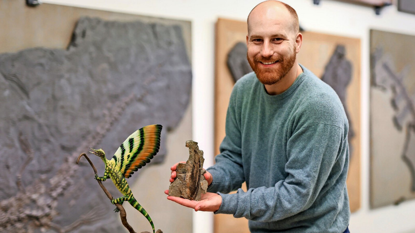 Das Wundertier und sein Entdecker Stephan Spiekman. Hier wurde mit einem kleinen Fossil große Geschichte geschrieben.Foto: Lichtgut/Christoph Schmidt Das Wundertier und sein Entdecker Stephan Spiekman. Hier wurde mit einem kleinen Fossil große Geschichte geschrieben.Foto: Lichtgut/Christoph Schmidt