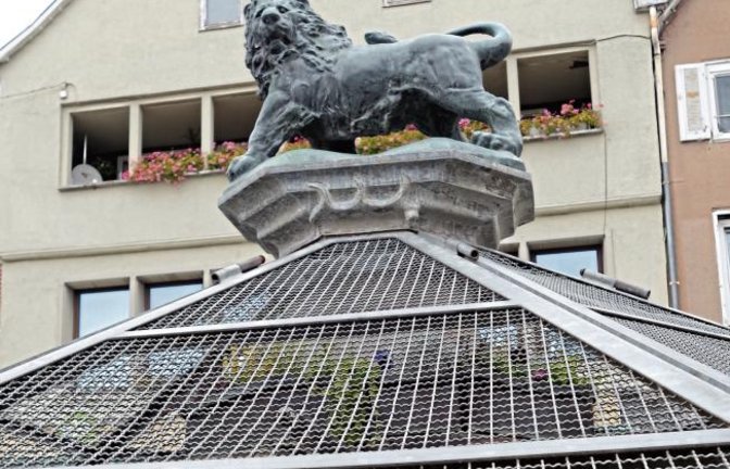 Premiere? Gut bewacht und hinter Gittern ist die Herbstbepflanzung des Vaihinger Marktbrunnens zu erahnen.  Foto: Rücker