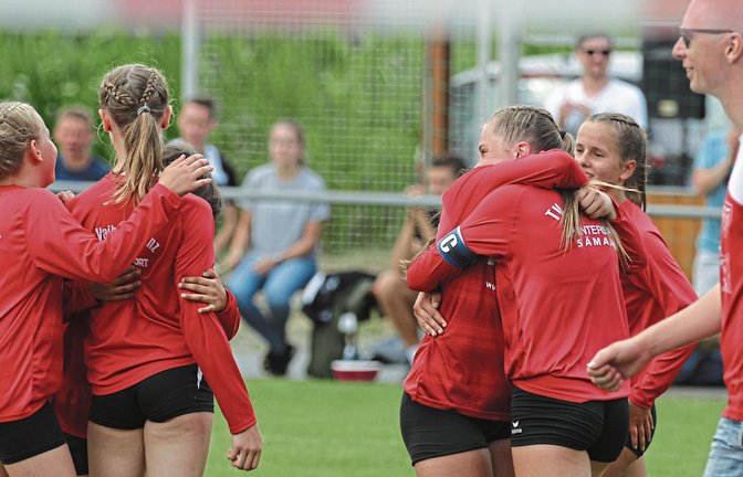 Schon den Titelgewinn bei den süddeutschen Meisterschaften bejubelten die U-14-Faustballerinnen des TV Vaihingen – (von links) Laura Schmid, Hannah Böcken, Julie Schlemme, Lisa Knodel, Ricarda Stübbe, Eva Winkler sowie TVV-Betreuer Carsten Reitschuster – hochemotional. Foto: Archiv/Nachreiner