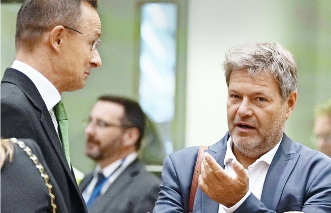 Wirtschaftsminister Robert Habeck (rechts) im Gespräch mit dem ungarischen Außenminister Peter Szijjarto.<span class='image-autor'>Foto: dpa/Virginia Mayo</span>