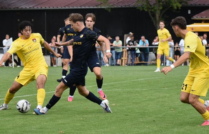 Die Zuschauer waren zufrieden mit dem Auftritt des TSV Ehningen (in Dunkelblau) im WFV-Pokal-Achtelfinale gegen die SG Sonnenhof Großaspach (in Gelb): Trainer Johannes Pfeiffer sah die Sache etwas kritischer.<span class='image-autor'>Michael Schwartz</span>