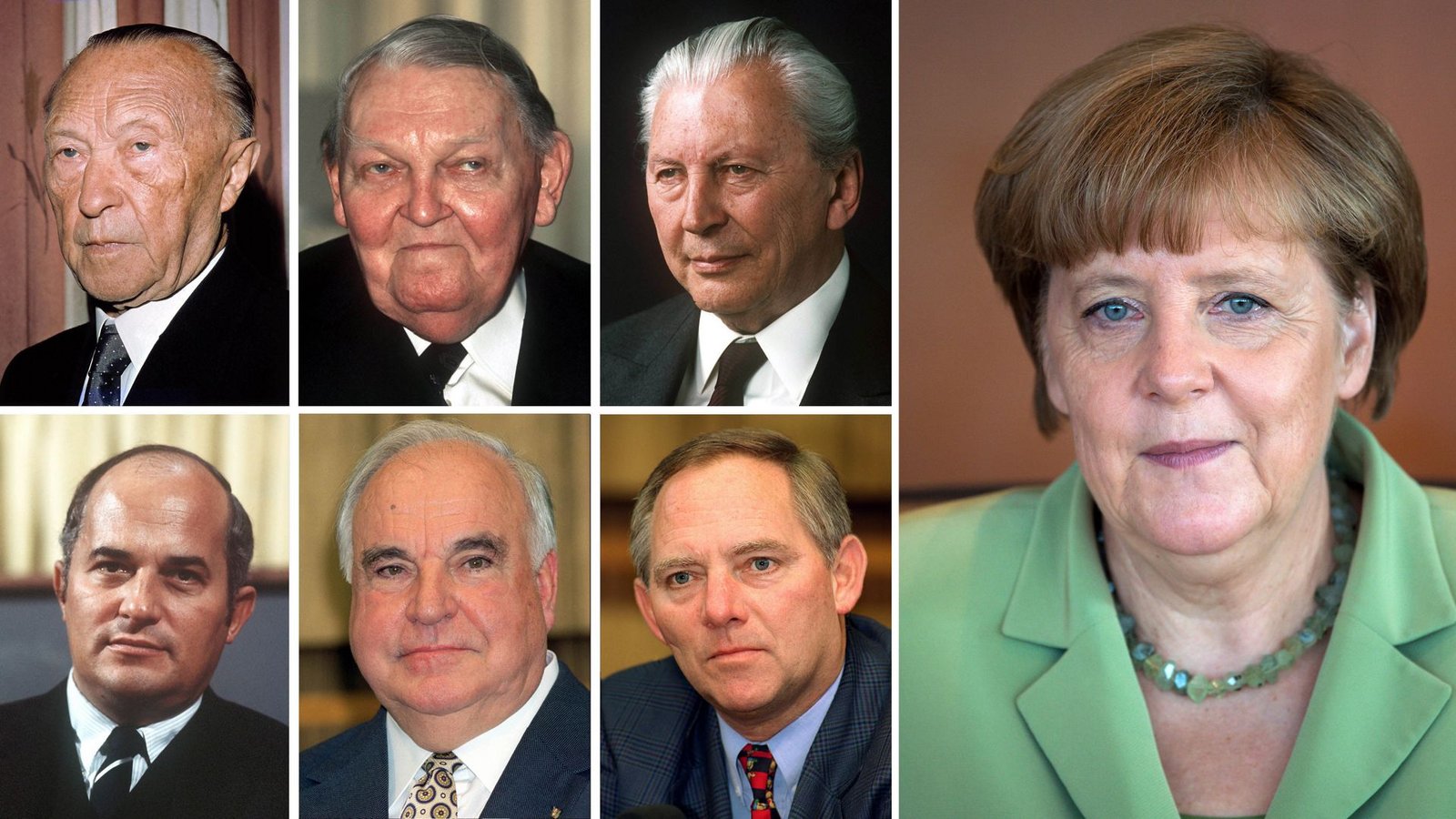Das waren die Vorsitzenden der Christlich Demokratischen Union (CDU) von 1950 bis heute, Reihe oben, von links nach rechts: Konrad Adenauer (Foto von 1963), Ludwig Erhard (Foto von 1972), Kurt Georg Kiesinger (Foto von 1980). Reihe unten von links nach rechts: Rainer Barzel (Foto von 1969), Helmut Kohl (Foto von 1998), Wolfgang Schäuble (Foto von 1996). Und rechts Angela Merkel (Foto von 2015).Foto: picture alliance/dpa/dpa Team Das waren die Vorsitzenden der Christlich Demokratischen Union (CDU) von 1950 bis heute, Reihe oben, von links nach rechts: Konrad Adenauer (Foto von 1963), Ludwig Erhard (Foto von 1972), Kurt Georg Kiesinger (Foto von 1980). Reihe unten von links nach rechts: Rainer Barzel (Foto von 1969), Helmut Kohl (Foto von 1998), Wolfgang Schäuble (Foto von 1996). Und rechts Angela Merkel (Foto von 2015).Foto: picture alliance/dpa/dpa Team
