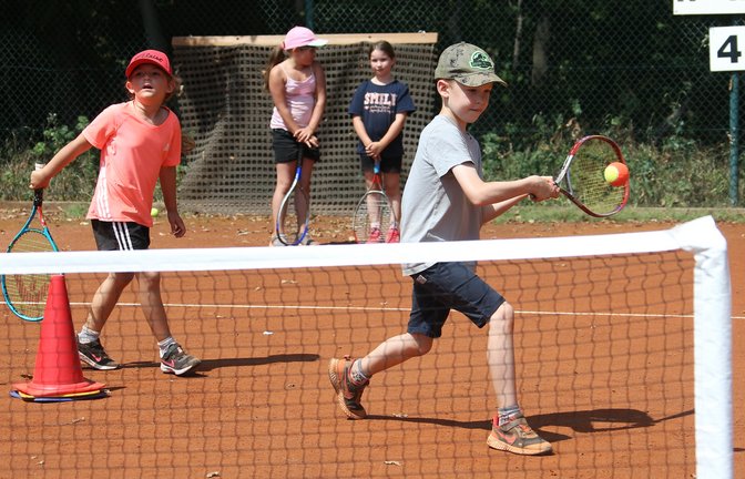 In Kleingruppen auf dem Kleinfeld werden die jünsten Teilnehmer des Hochdorfer Jugendcamps an den Tennissport herangeführt. <span class='image-autor'>Foto: Küppers</span>