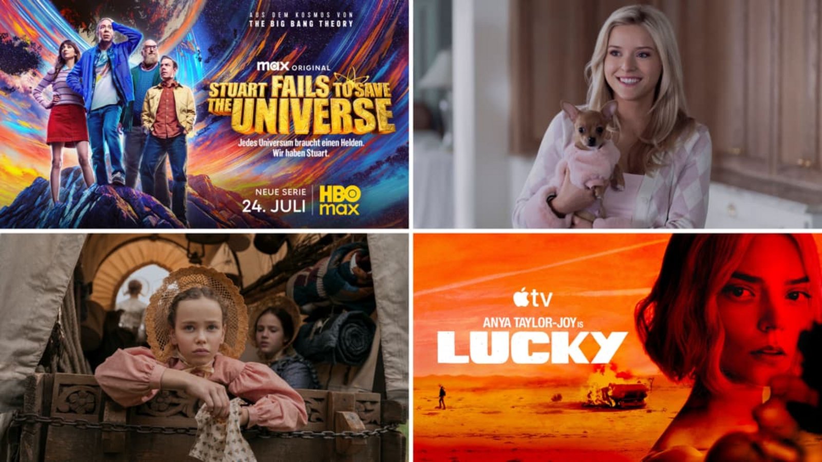Wie wär's zum Beispiel mit „Stuart Fails to Save the Universe“, „Elle“, „Lucky“ oder „Unsere kleine Farm“ (von links oben im Uhrzeigersinn): unsere Streamingtipps im JuliHBO/Prime Video/Apple TV/Netflix Wie wär's zum Beispiel mit „Stuart Fails to Save the Universe“, „Elle“, „Lucky“ oder „Unsere kleine Farm“ (von links oben im Uhrzeigersinn): unsere Streamingtipps im JuliHBO/Prime Video/Apple TV/Netflix