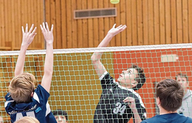 Dimitar Mandadzhiev (Mitte) holt aus zum Schlag. Er gewann mit Enzweihingen souverän den Titel in Württemberg. Foto: Leitner