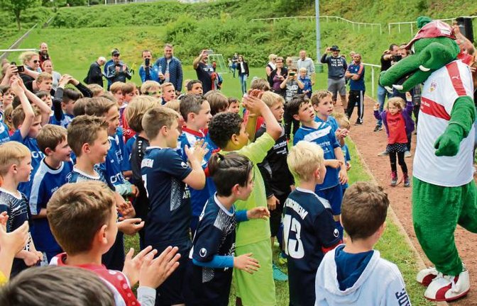 Das Maskottchen des Fußball-Bundesligisten VfB Stuttgart, Fritzle (rechts), machte ordentlich Stimmung bei der Siegerehrung zum F-Junioren-Erlebnisturnier. Foto: privat