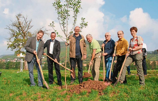 Matthias Debatin, Wolfgang Herz, Reinhold Meißner vom Landesamt für Geoinformation und Landentwicklung, Hermann Gommel vom Landesnaturschutzverband, Manfred Ebser von der Teilnehmergesellschaft, Illingen Bürgermeister Harald Eiberger und Anne Pfisterer-Lottausch von der Stadt Vaihingen (von links) graben gestern im Gewann Vordere Höhe einen Apfelbaum – ein Symbol für die Übergabe von vier Hektar Ausgleichsfläche. Foto: Rostek