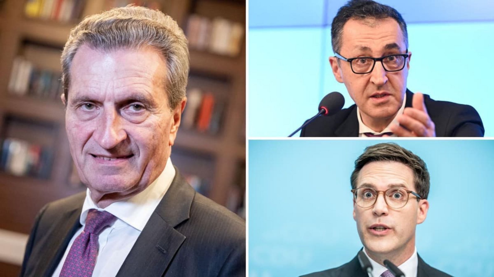 Als Moderator gefragt: Kann Günther Oettinger (links) sowohl die Grünen von Ministerpräsident Cem Özdemir (rechts oben) als auch die CDU von Vize-Regierungschef Manuel Hagel in Sachen Opern-Sanierung einen?Kay Nietfeld/dpa, Michael Kappeler/dpa, AFP/Thomas Kienzle